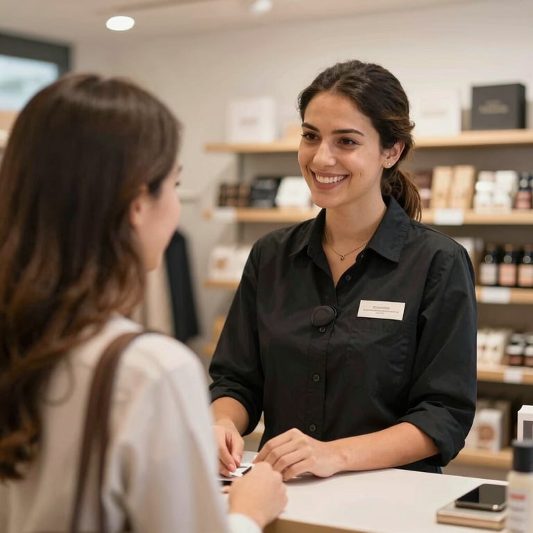 A friendly retail professional assisting a customer in a modern Brazilian store setting, daytime, professional lighting.