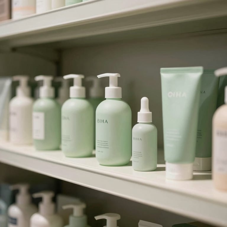 A close-up of high-quality retail products neatly arranged on a minimalist shelf with soft green accents.