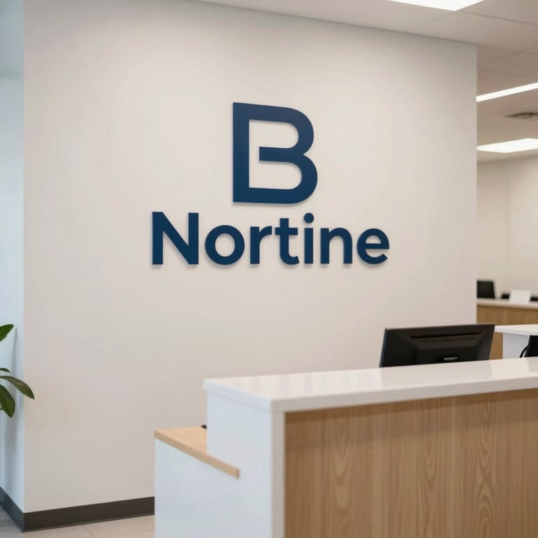A bright reception area with a clean logo wall, conveying a welcoming and trustworthy professional atmosphere.