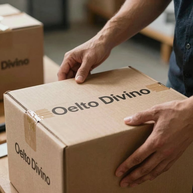 A box being carefully prepared for delivery, representing the care and commitment of the Oelto Divino team.