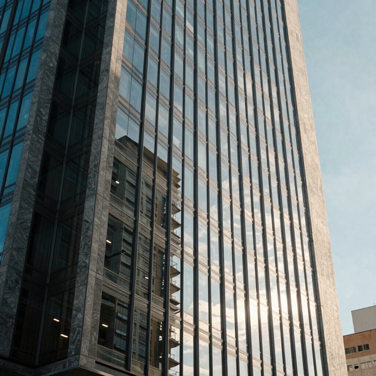 The exterior of a modern professional building in Rio Verde, Brazil, reflecting sunlight on clean glass windows.