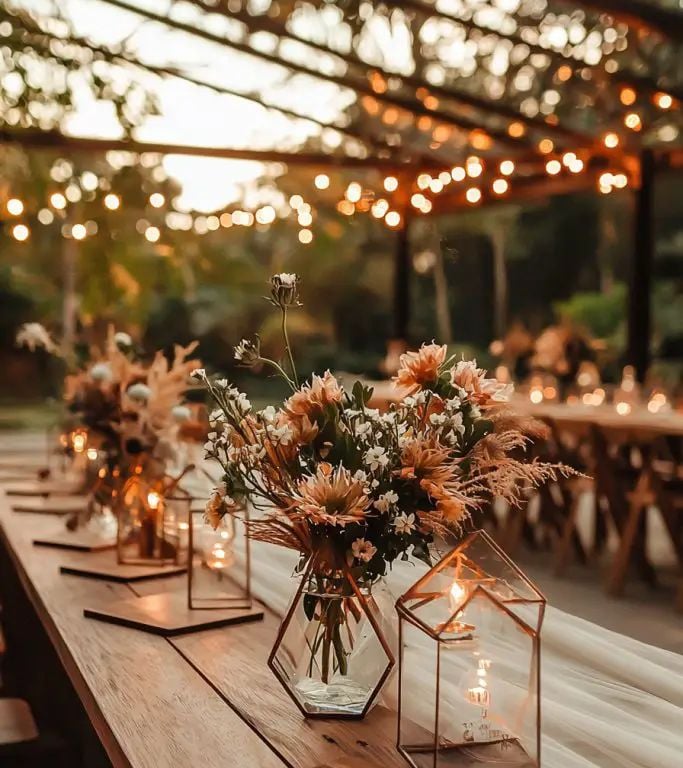 Mesa larga de boda con faroles y centros florales al atardecer.