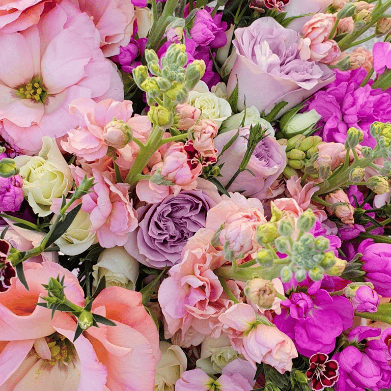 Primer plano de un arreglo floral con rosas lilas, peonías rosadas y flores en tonos fucsia y crema.