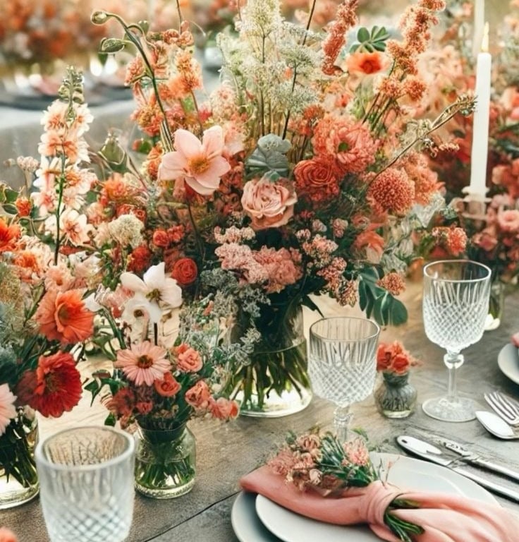 Centro floral coral con vajilla elegante, con montaje de mesa.