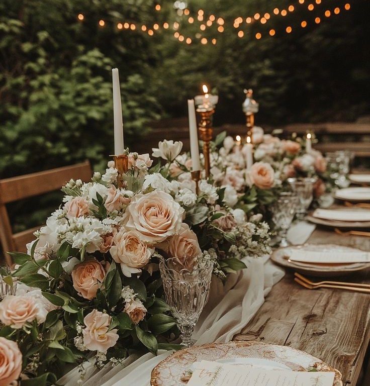 Mesa rústica con rosas y luces cálidas, en medio de la vegetación.