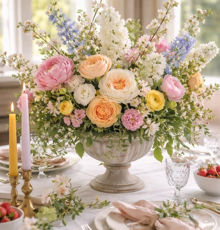 Centro de mesa floral pastel con velas amarilla y morada.