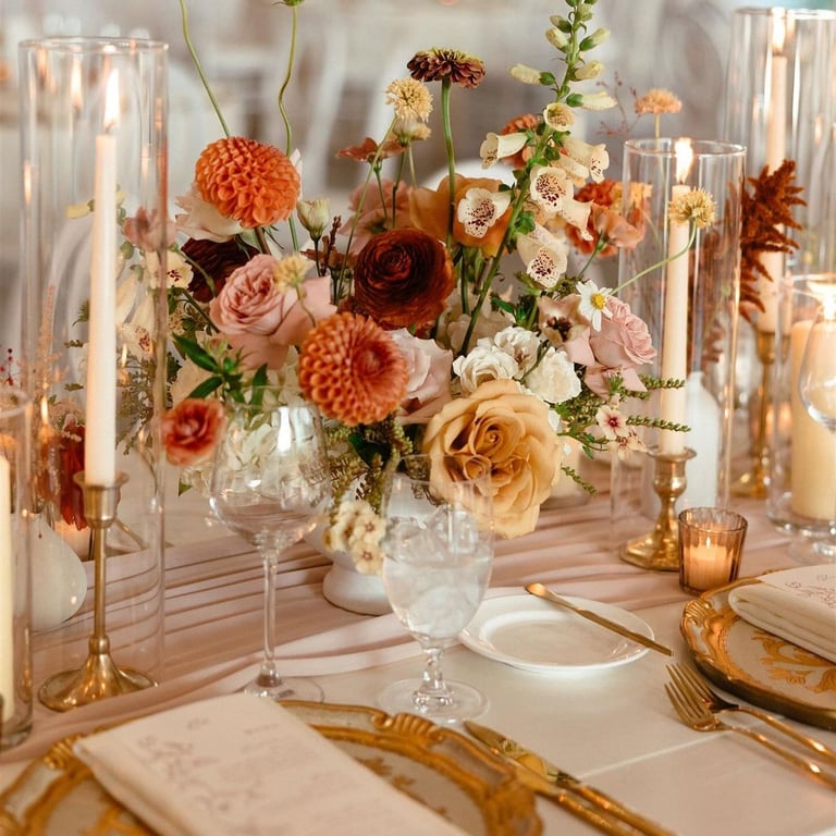 Mesa elegante con vajilla dorada, velas altas y arreglo floral sofisticado.