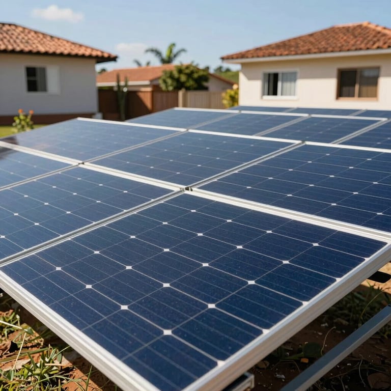 Close-up of high-efficiency solar panels under the bright sun in a South American / Brazilian residential area, clean and modern style.