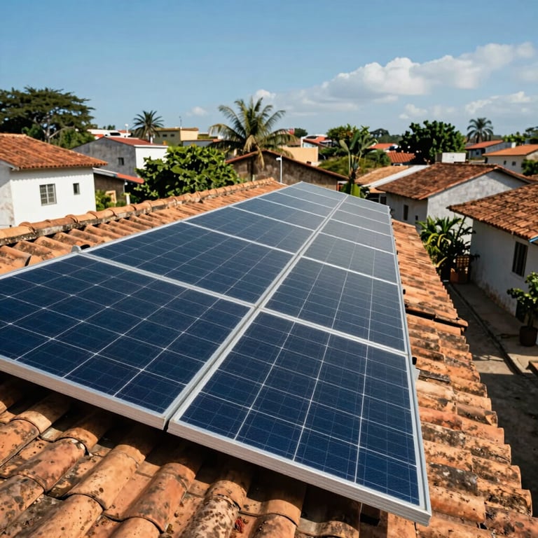 Perspective view of a row of solar panels installed on a tiled roof in a South American / Brazilian neighborhood, vibrant and clear.