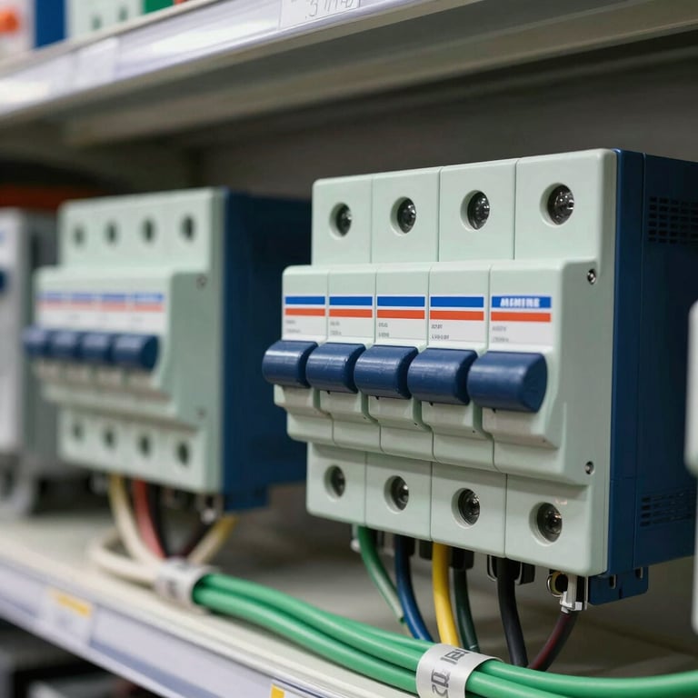 A professional display of electrical circuit breakers and cables in a retail store, featuring Navy Blue and Sage Green branding.