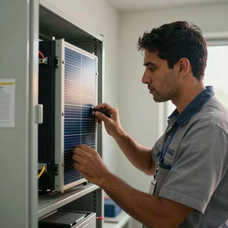 A technician in professional attire inspecting a solar inverter in a South American / Brazilian utility room, soft morning light.