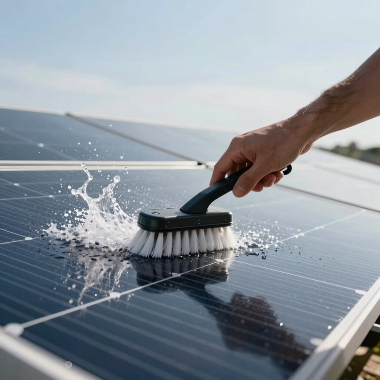 A person using a specialized water brush to clean solar modules, Mist White water splashes against a clear sky backdrop.
