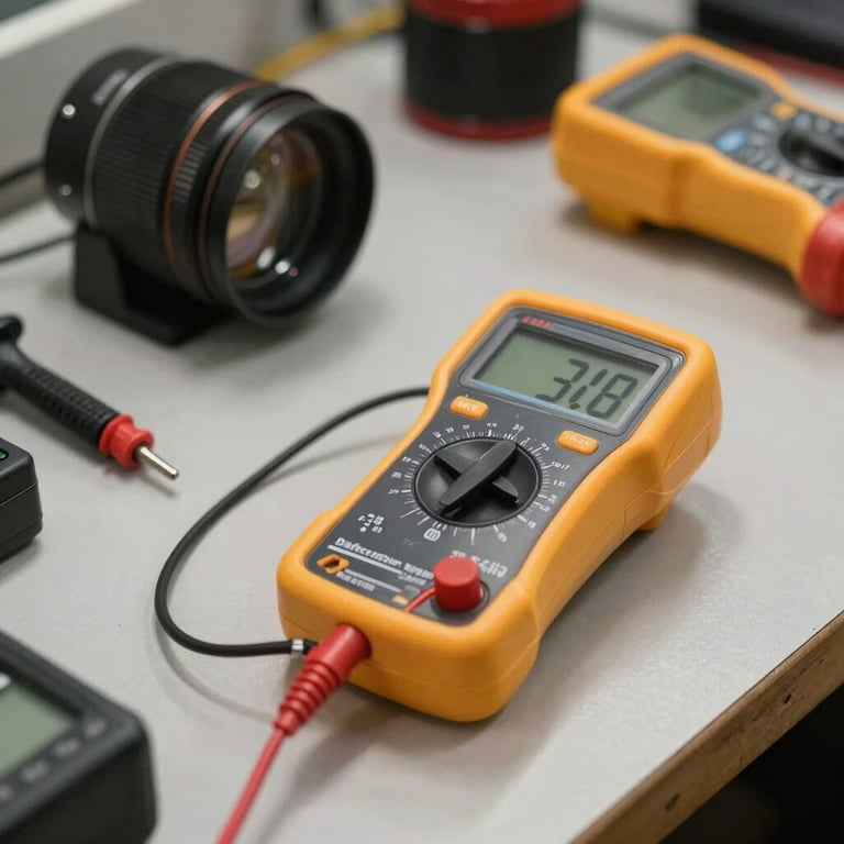 Professional electrical tools and a digital multimeter resting on a clean surface in a South American / Brazilian workshop environment.