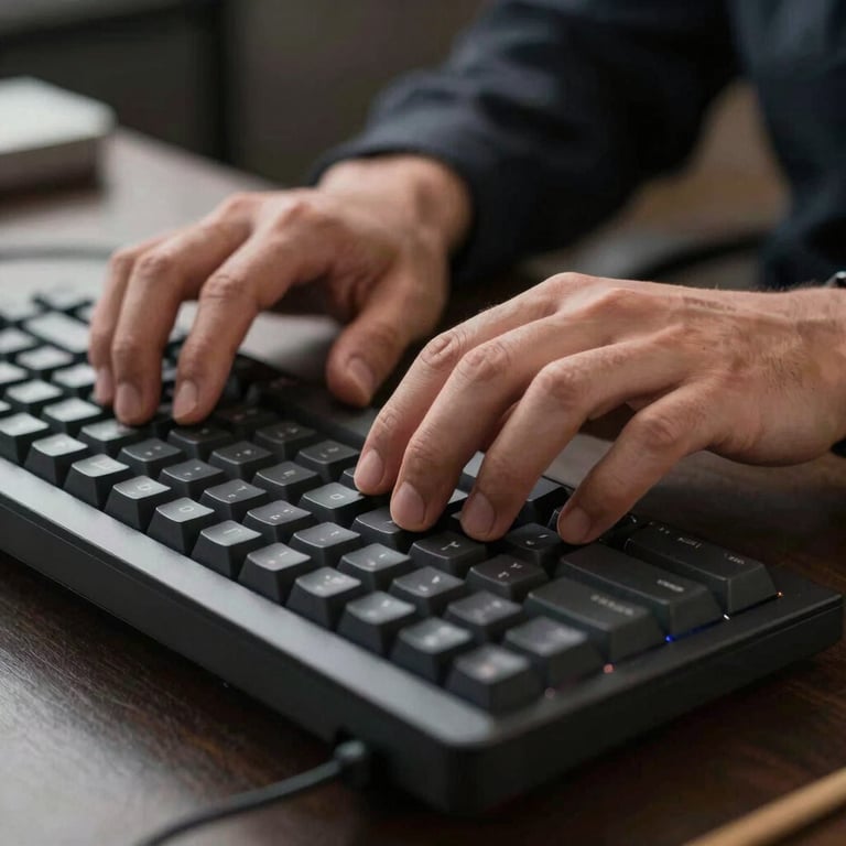 A close-up of a person's hands typing on a high-quality mechanical keyboard in a dimly lit, professional office environment.