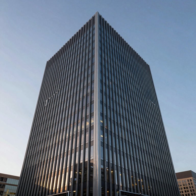 The sharp architectural corner of a modern North American tech hub building under a clear evening sky.