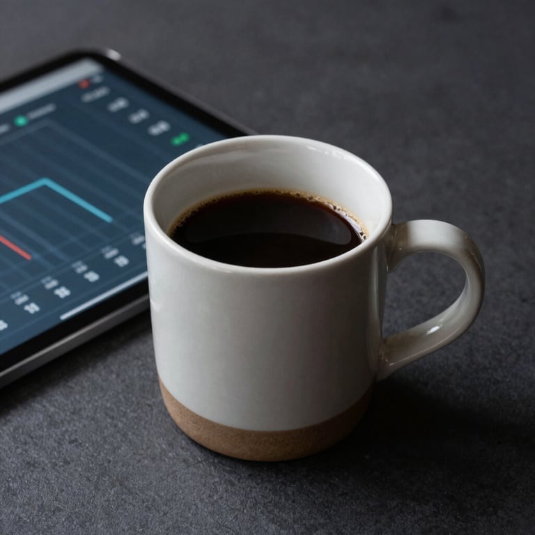 A focused shot of a ceramic coffee mug on a dark, matte surface next to a tablet showing data charts in slate blue.