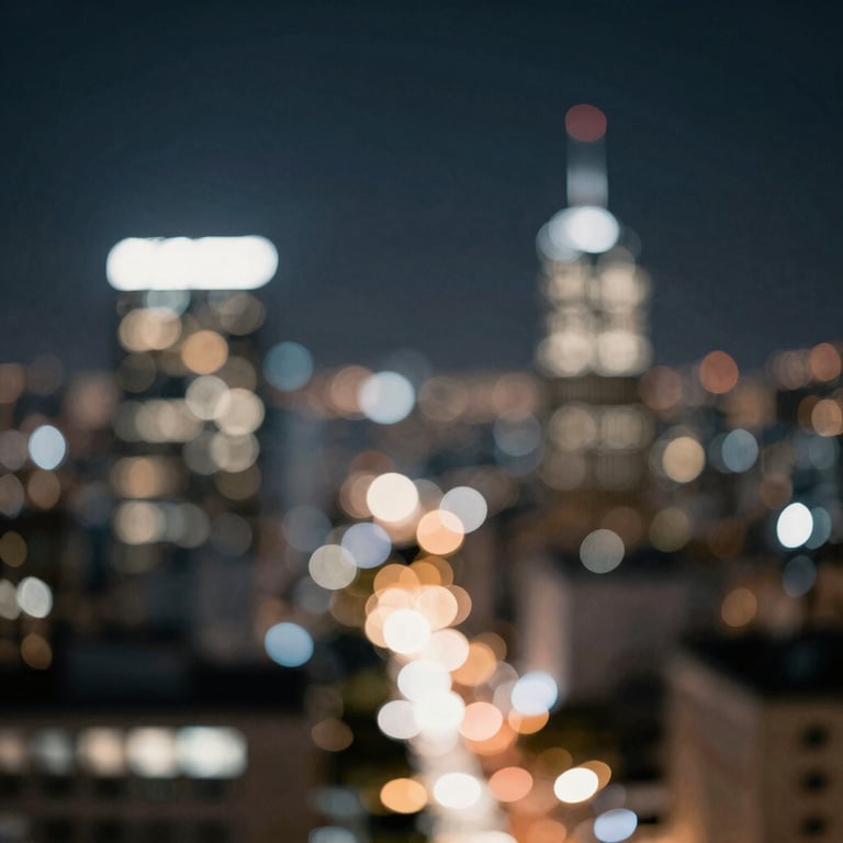 A blurred, bokeh-style background of city lights at night, featuring a palette of dark navy and off-white highlights.