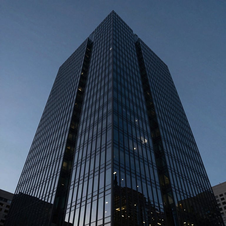 A low-angle shot of a minimalist, dark glass skyscraper in a North American city at dusk, reflecting deep navy and slate blue colors.