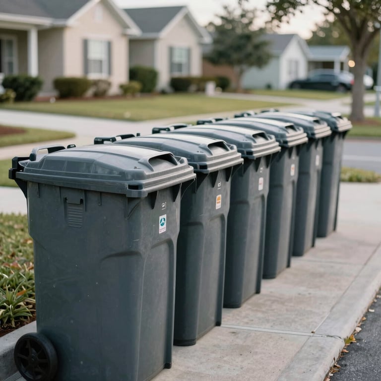 A focused shot of trash bins lined up perfectly for a curb-side valet service in a tidy North American / US / Floridian neighborhood.
