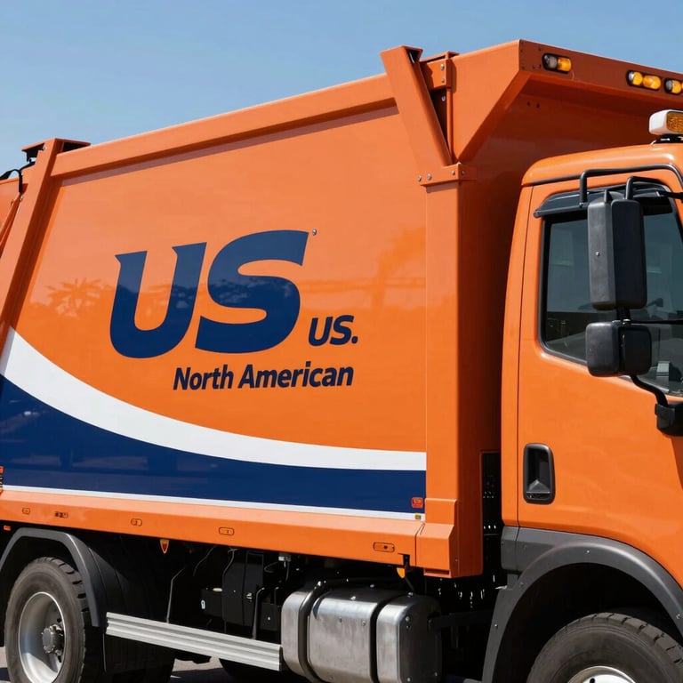 A close-up of a clean, branded junk removal truck in vibrant orange and navy blue, showing the professional logo under the bright North American / US / Floridian sun.