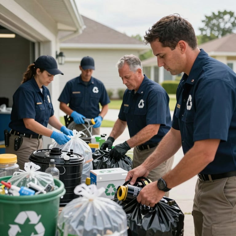 A team of uniformed professionals neatly organizing recyclables near a North American / US / Floridian residential garage.