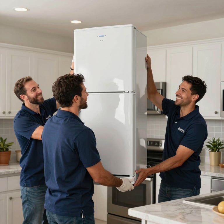 Smiling crew members in navy blue attire safely removing a large appliance from a North American / US / Floridian kitchen.