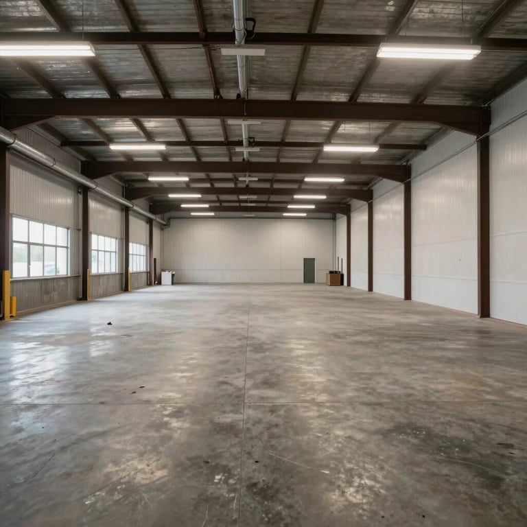 A wide shot of a cleared-out, spotless commercial warehouse space in Tampa after a professional cleanout service.