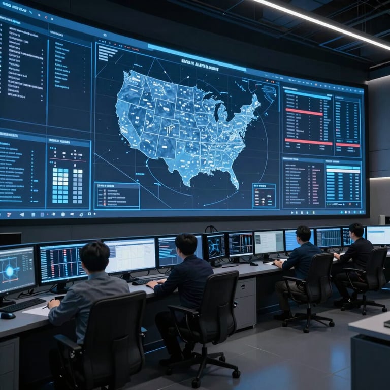 A wide shot of a futuristic network operations center in North America with digital security maps on large screens, dark blue aesthetic.