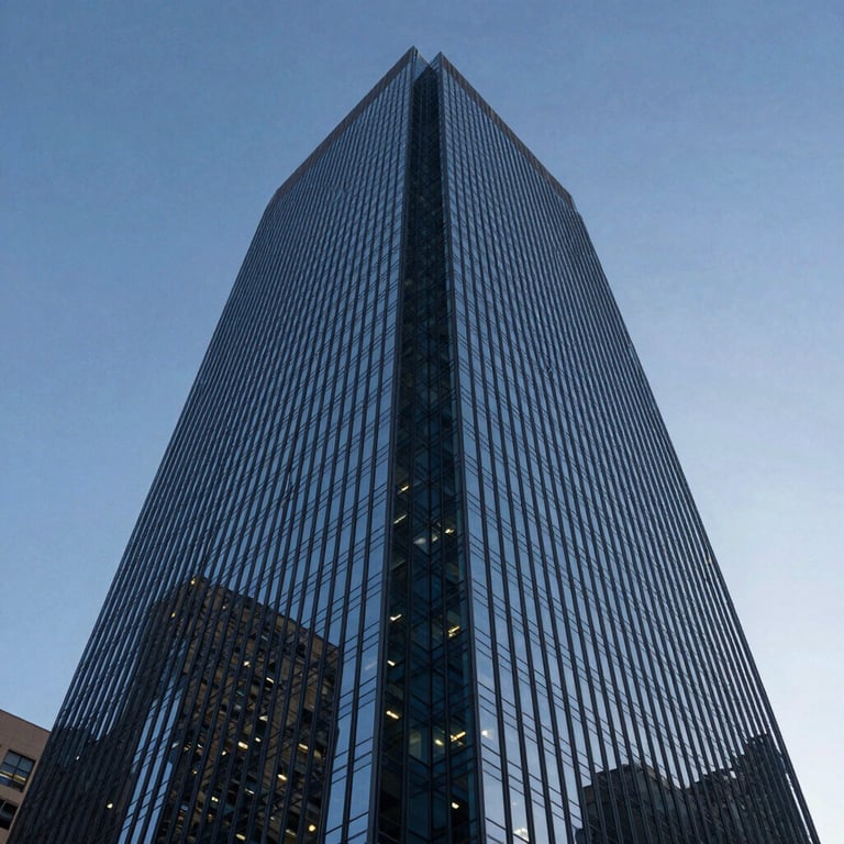 A low-angle shot of a glass skyscraper in a North American tech hub at twilight, reflecting deep blue and pale blue sky colors.