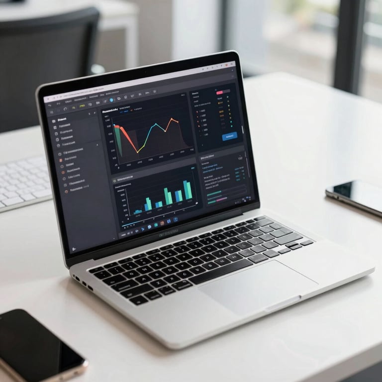 A sleek laptop showing a custom software interface for data analytics, set on a modern white desk in a bright US office.