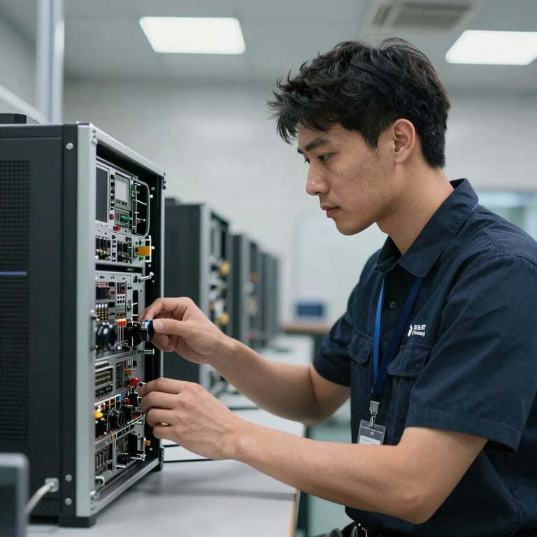 A professional technician in corporate attire inspecting IT hardware components in a clean, modern warehouse setting.