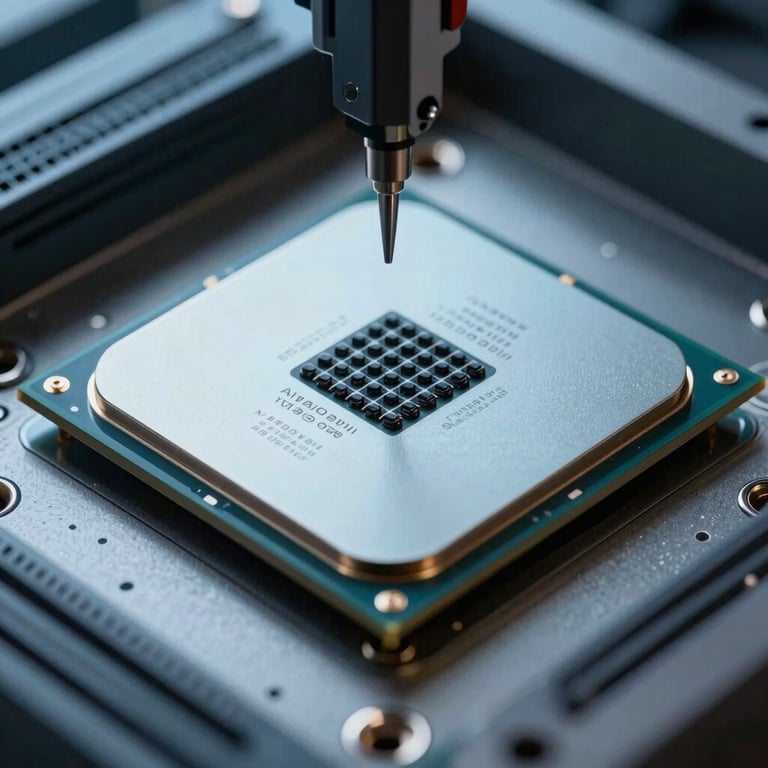 A close-up shot of a high-performance computer processor being installed with precision, pale blue lighting, professional photography.