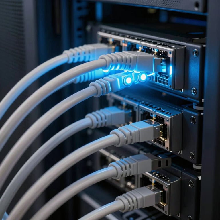 An artistic close-up of organized fiber optic cables in a server room, showcasing high-speed networking connectivity, glowing light blue ends.