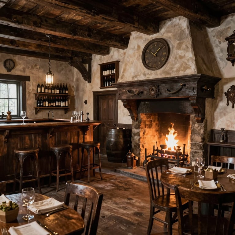 Rustic wine bar interior featuring a stone fireplace with a roaring fire, wooden beams, and bar stools.