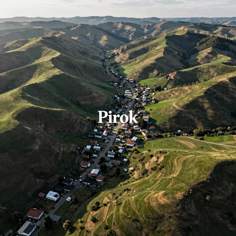 An aerial drone shot of the rolling hills and green fields surrounding the village of Pirok.