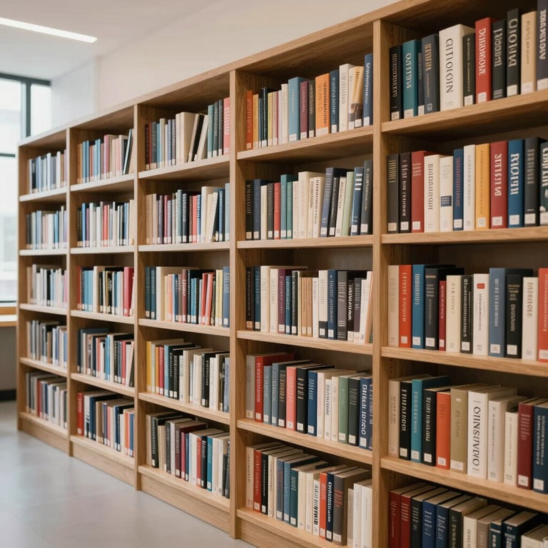 A high-quality image of the 6,000-book collection, showcasing diverse titles in a clean, modern library setting.