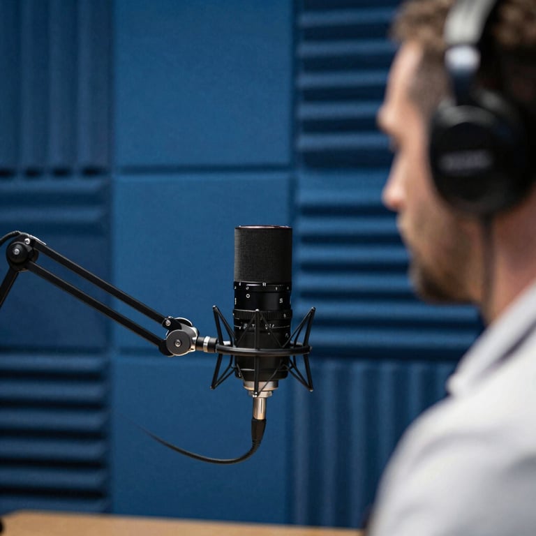A close-up photograph of a medical professional recording a podcast in a studio with steel blue acoustic panels.