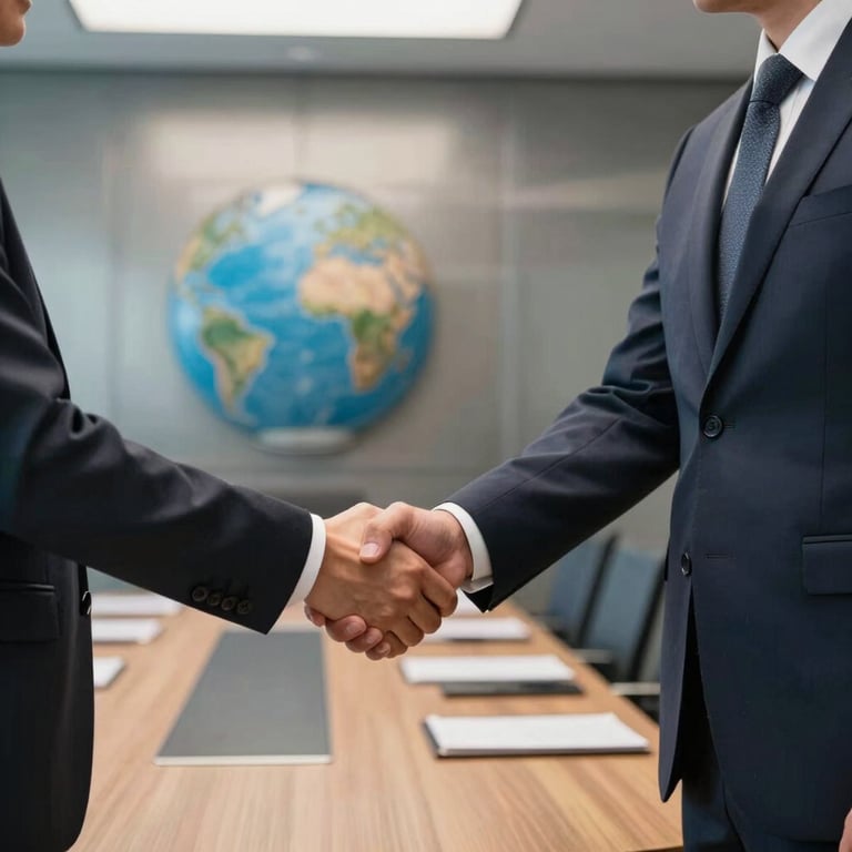 Two professionals in formal attire shaking hands in a International / Global corporate boardroom with steel blue accents.