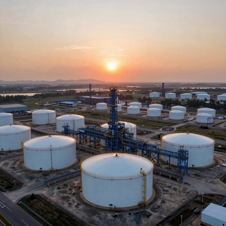 An aerial sunset view of a sprawling petroleum storage facility in a International / Global industrial zone, highlighting stable steel blue structures.