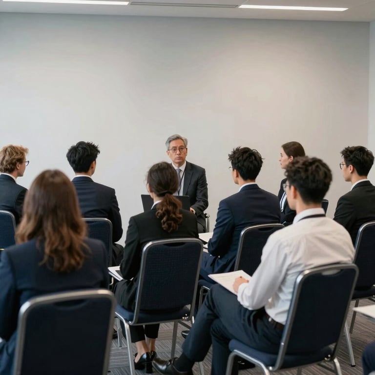 A professional team collaborating in a sleek International / Global conference room with deep navy chairs and soft cloud white walls.