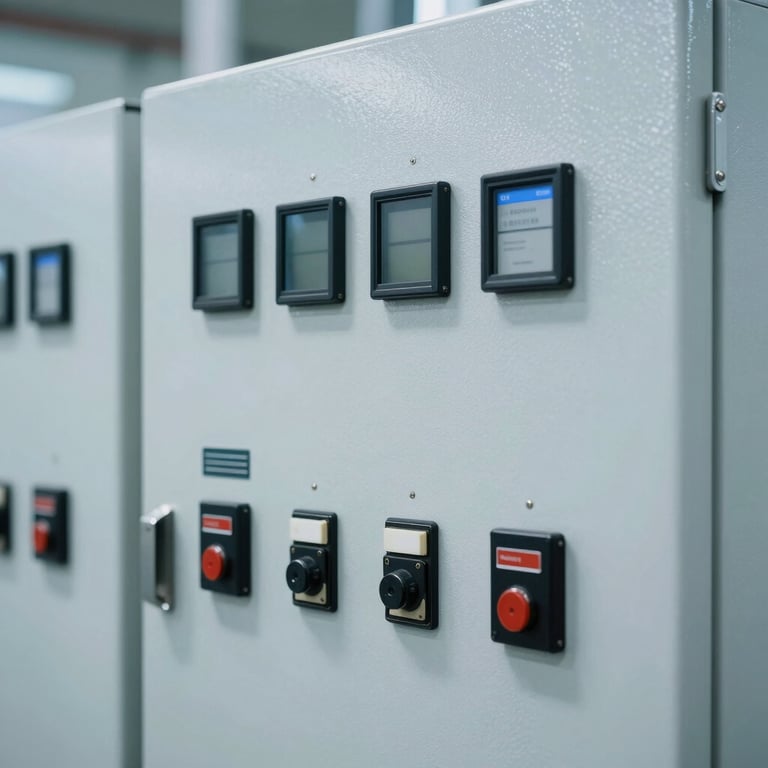 Close-up of a high-tech industrial control panel in a International / Global facility, showing clean steel blue and soft cloud white surfaces.