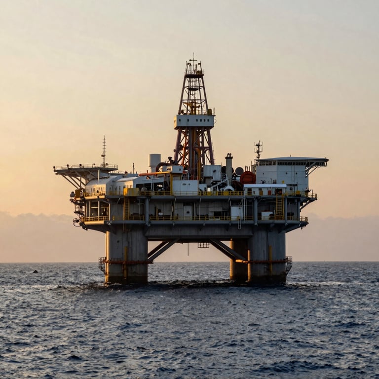 An offshore oil platform at dawn in a International / Global maritime region, shimmering in steel blue water under a muted gold sky.