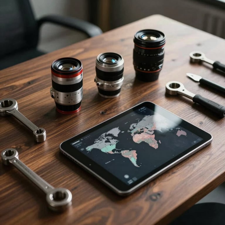 A set of high-end engineering tools and a digital tablet on a dark wooden desk in a International / Global office, lit by a soft muted gold glow.