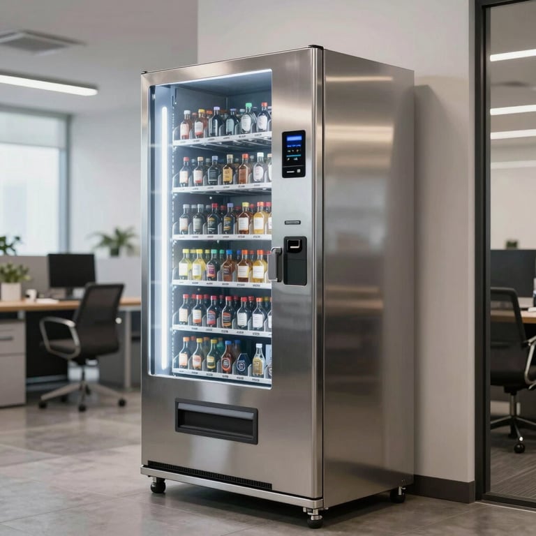 A sleek, stainless steel vending machine integrated into a professional office lounge area.