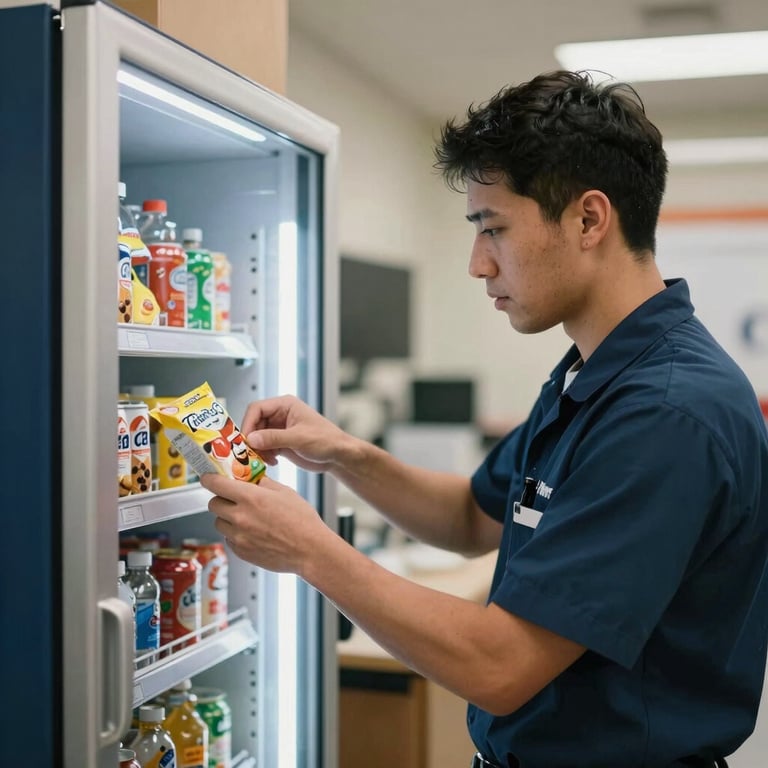 A technician in a professional uniform restocking a snack machine in a North American / US workplace.