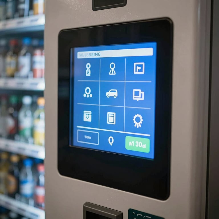 Detail of a modern vending machine touchscreen interface with bright blue icons.