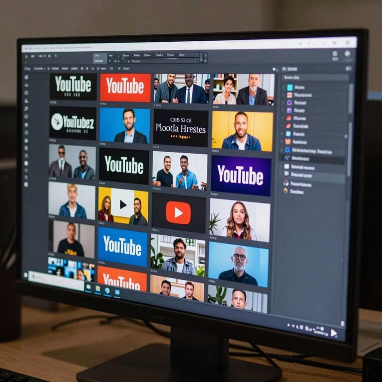 A bright computer screen showing a colorful and engaging YouTube thumbnail layout being designed in professional software.