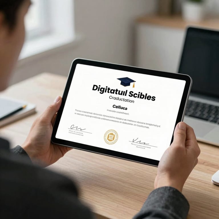 A person in professional attire holding a tablet displaying a digital skills graduation certificate in a clean office setting.