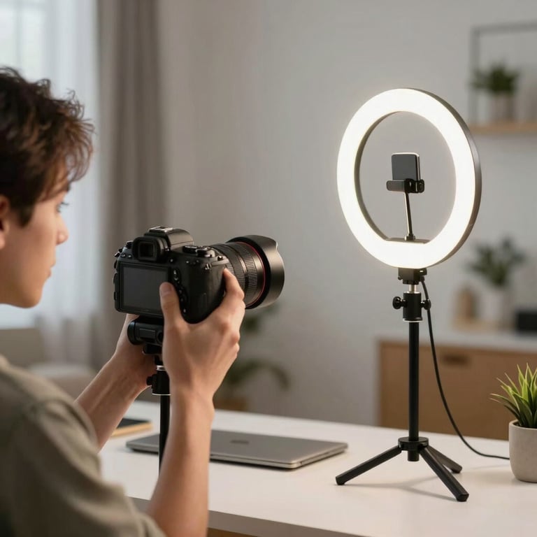 A person filming a vlog with a ring light and mirrorless camera in a modern North American home office setup.