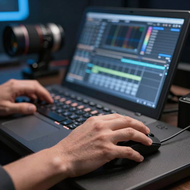 A close-up of hands using a professional video editing console and high-end mouse in a dim studio with blue backlighting.